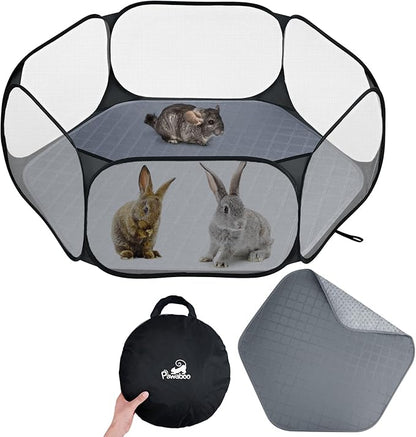 Pawaboo Small Animals Playpen with Pad, Waterproof Small Pet Cage Tent with Reusable Pad, Portable Outdoor Yard Fence for Chick/Kitten/Puppy/Guinea Pig/Rabbits/Chinchillas, Black/Gray