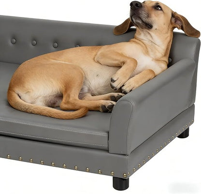 BingoPaw Large Leather Dog Sofa: Jumbo Pet Couch Made by Scratching Resistant Microfiber Leather - Indoor Elevated Dogs Chaise Bed for Doggy up to 120lbs