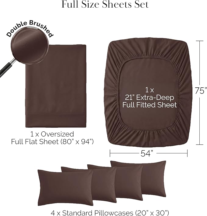 Southshore Fine Living, Inc. 6-Piece Full Sheet Set, 21-Inch Extra Deep Pocket Sheets Full Size Bed, Fitted and Flat Sheet Set, Chocolate Brown Pillow Cases Standard Size, Chocolate Brown Sheets