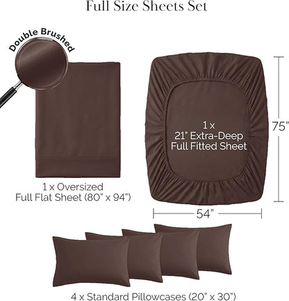 Southshore Fine Living, Inc. 6-Piece Full Sheet Set, 21-Inch Extra Deep Pocket Sheets Full Size Bed, Fitted and Flat Sheet Set, Chocolate Brown Pillow Cases Standard Size, Chocolate Brown Sheets