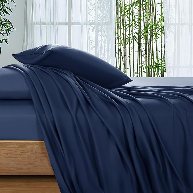 SONORO KATE 100% Viscose Derived from Bamboo_Sheets Queen Size, Ultra Breathable & Cooling Bed Sheets for Hot Sleepers, Hotel Luxury Silky Bedding Sheets, 16" Deep Pocket - 4PC (Navy Blue,Queen)