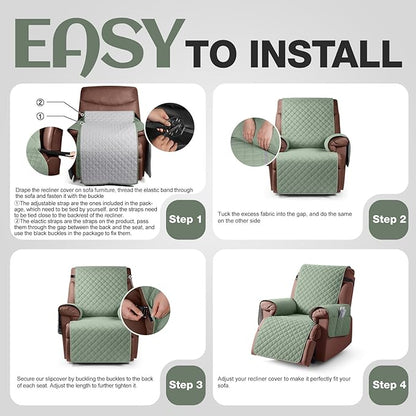KinCam 100% Waterproof Recliner Chair Cover, Reclining Couch Covers for Pets, Dogs, Recliner Couch Slipcover Furniture Protector with Elastic Straps for Kids(23.6", Sage Green)