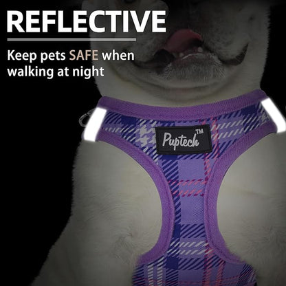 PUPTECK Dog Harness and Leash Set for Small Medium Dogs No Pull Step-in Soft Mesh Puppy Cat Vest Harnesses Reflective at Night, Plaid Pattern Purple M