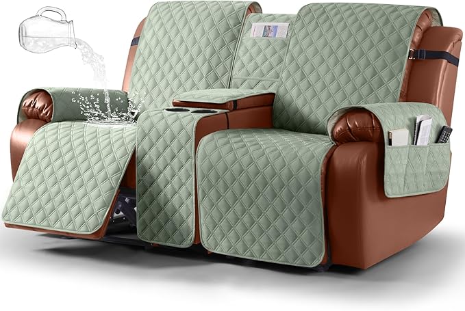 Ruaozz Waterproof Loveseat Recliner Cover with Console Non-Slip Reclining Couch Covers Split Sofa Slipcovers with Elastic Straps for Kids, Dogs, Pets (Sage Green, 2 Seater)