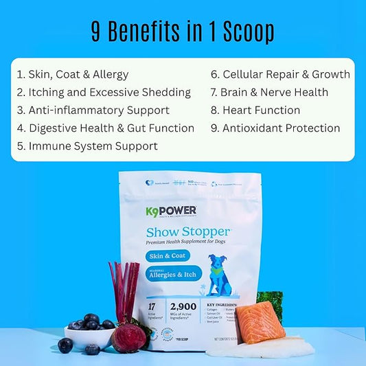 K9Power Show Stopper – Awarded #1 Dog Skin & Coat Product – Supports Allergy Relief, Itchy Skin, Shedding, Dull Coat – Salmon Oil, Collagen, Kelp, Zinc, Probiotics, Beet Juice, Vitamin C