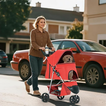 Pet Stroller for Small Dogs 10 lbs, Dog Stroller for Medium Dogs 30 lbs, Cat Strollers for 2 Cats, 3 Wheels Foldable Jogger Puppy Stroller with Storage Basket and Cup Holder, Red