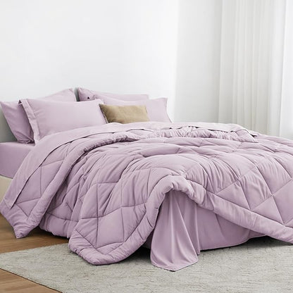 Love's cabin Queen Comforter Set Light Purple, 7 Pieces Queen Bed in a Bag, All Season Bedding Sets with 1 Comforter, 1 Flat Sheet, 1 Fitted Sheet, 2 Pillowcase and 2 Pillow Sham