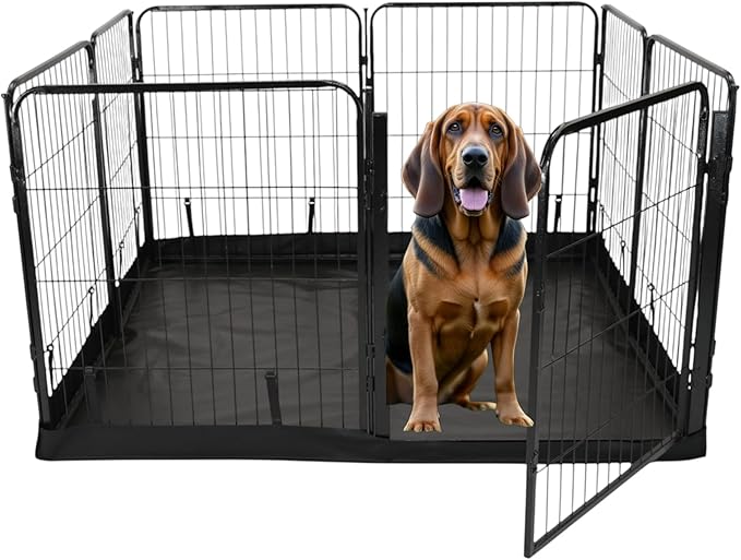 Dog Playpen w/Square Bottom Floor Cover - 32 inch, 8 Panel Portable Black Metal Pet Play Pen for Small & Medium Dogs - Indoor/Outdoor Kennel Cage for Home, Yard, RV, or Camping