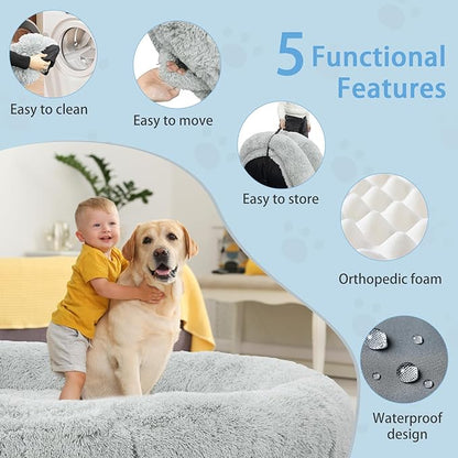 Human & Dog Bed - 71''x45''x12'' Fits People & Pets, 10 CM Thick Memory Foam, Washable, Adult & Large Size, Giant Oversize, Foldable with Plump Pillow, Blanket, Strap - Grey