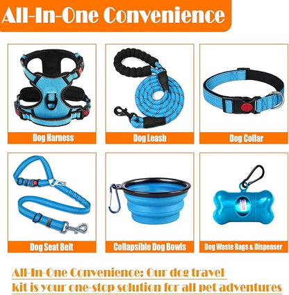 LOBEVE No Pull Dog Harness, Collar & Leash Set | Includes Dog Seat Belt, Collapsible Bowls & Poop Bag Dispenser. Ideal for Training, Walking, Hiking. Fits Small to Large Dogs(Blue-XL)