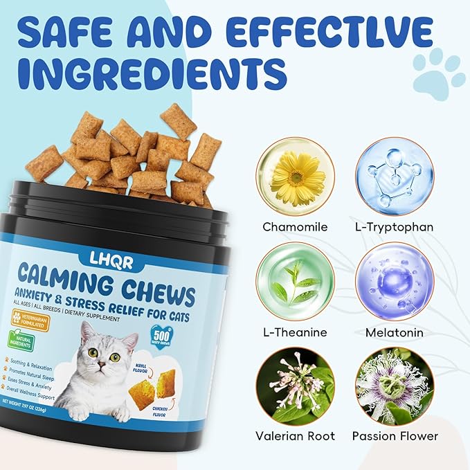 500 Calming Chews for Cats, Helps Reduce Stress with Melatonin, Relaxation for Travel, Boarding,Separation, Grooming Anxiety -with Ashwagandha, Organic Chamomile, L-Theanine & L-Tryptophan Chicken