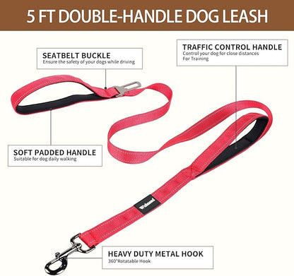 No Pull Dog Harness and Leash Set-Reflective Vest with Handle&5FT Dog Leash with Car Seatbelt Clip,Breathable Mesh&Quick Fit Dog Harness Easy for Medium Large Dogs Training Walking (Red,L)