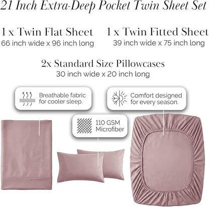 Southshore Fine Living, Inc. 4-Piece Deep Pocket Twin Sheet Set, 21-Inch Deep Pocket Twin Fitted Sheet, Microfiber Sheets, Pillow Cases Standard Size Set of 2, Lavender Bedding, Lavender Sheets