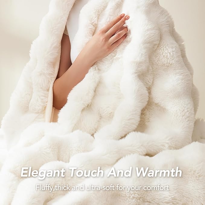 L'AGRATY Faux Fur Throw Blanket: 90" x 90" Luxury Soft Fluffy Thick Rabbit Fur Blankets for Queen Bed Couch - Cozy Plush Bubble Blankets for Winter: Warm Flannel Fleece Decorative Blanket(Cream White)