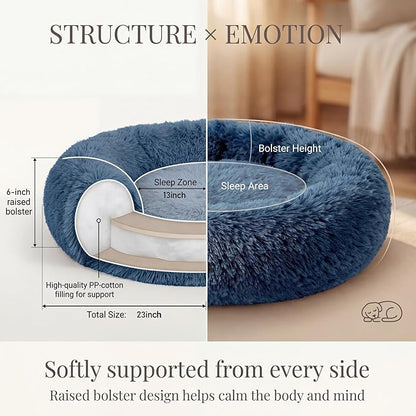 Calming Donut Dogs Beds for Small Dogs Washable,23inch Plush Round Pet Bed for Cozy Sleep,Fluffy Faux Fur Large Cat Bed,Fits up to 25 lbs Pets,Navy Blue