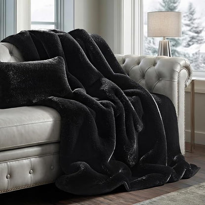 EVERGRACEHOME Luxury Soft Faux Chinchilla Fur Throw Blanket for Couch, Warm Thick Heavy Winter Throw Blanket 1220GSM for Bed, Fluffy Cozy Mink Blanket with Reversible Velvet, Black Noir Mink, 50"x60"