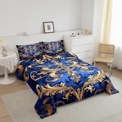 Erosebridal Paisley Comforter Set King Flower Bedding Set, Navy Blue Gold Bedding Comforter Sets Golden Floral Duvet, Bohemian Hippie Quilted Comforter Teen Adults Bedroom Décor, Lightweight 3pcs