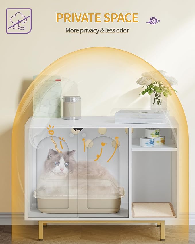 Hzuaneri Cat Litter Box Enclosure Enclosed, Hidden Litter Box Cabinet Furniture with Storage, Wooden Indoor Cat House Large, Modern End Table for Living Room Entryway, White and Gold 01503GCLB