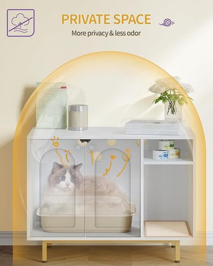 Hzuaneri Cat Litter Box Enclosure Enclosed, Hidden Litter Box Cabinet Furniture with Storage, Wooden Indoor Cat House Large, Modern End Table for Living Room Entryway, White and Gold 01503GCLB