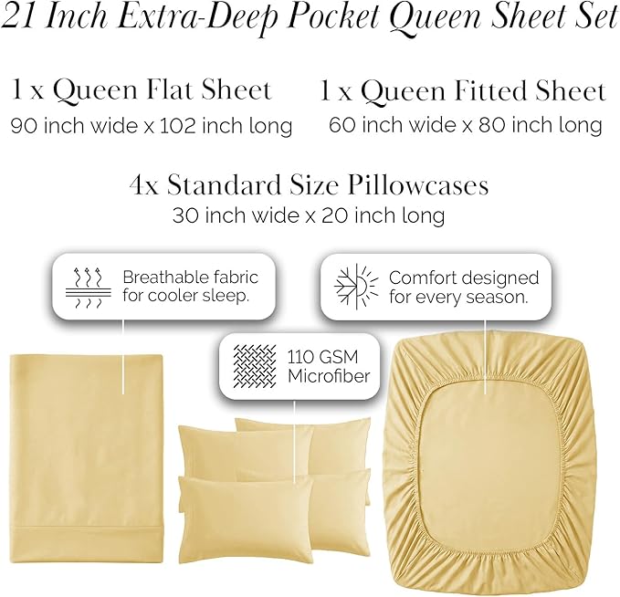 Southshore Fine Living, Inc. 21-Inch Extra Deep Pocket Queen Sheets, 6-Piece, Microfiber Sheet Set Queen Size, Oversized Flat, Deep Pocket Fitted, Muted Gold Pillowcases, Muted Gold Sheets