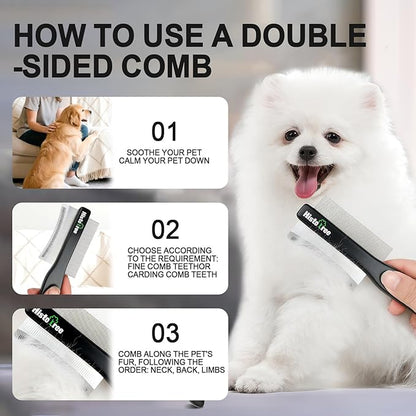 2-in-1 Dog Dematting&Deshedding Comb with Wooden Handle Double-Sided Fine Tooth Metal Flea Comb Pet Grooming Tool for Dogs and Cats Remove Loose Hair Tangles Dirt Fleas