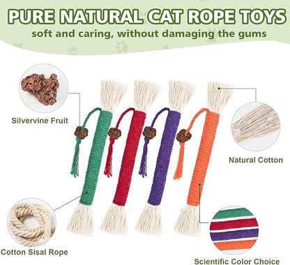 WOUSEDO 8 Pack Catnip Chew Toys for Cats,Cotton Sisal Rope Toys,Cat Natural Silvervine Sticks,for Cat Teeth Cleaning and Dental Care,Interactive Toy for Bored Indoor Cats
