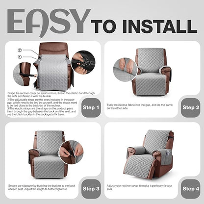KinCam 100% Waterproof Recliner Chair Cover, Reclining Couch Covers for Pets, Dogs, Recliner Couch Slipcover Furniture Protector with Elastic Straps for Kids(25", Light Gray)