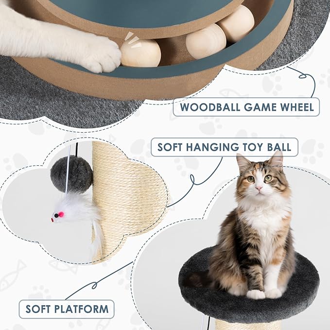 Tall Cat Scratching Post, Thick Sisal Scratcher with Heavy Sturdy Base & Interactive Toys for Indoor Cats