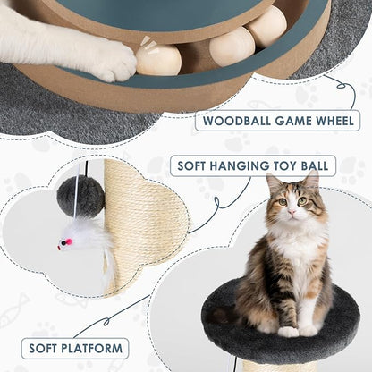 Tall Cat Scratching Post, Thick Sisal Scratcher with Heavy Sturdy Base & Interactive Toys for Indoor Cats