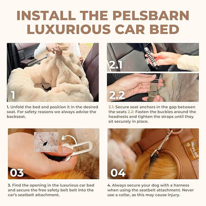 Pelsbarn Luxurious Cozy Car Bed - Small Luxury Travel Dog Bed with Safety Belt - Ultra Soft Faux Fur - Beige
