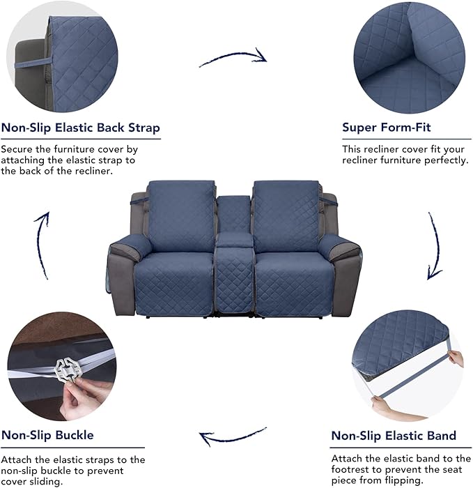 PureFit Water Resistant Reversible Loveseat Recliner Couch Cover for Double Recliner with Console – Non Slip Split Sofa Cover, Washable Reclining Cover for 2 Seat Recliner (Dark Blue/Light Blue)