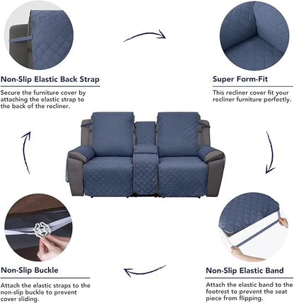 PureFit Water Resistant Reversible Loveseat Recliner Couch Cover for Double Recliner with Console – Non Slip Split Sofa Cover, Washable Reclining Cover for 2 Seat Recliner (Dark Blue/Light Blue)