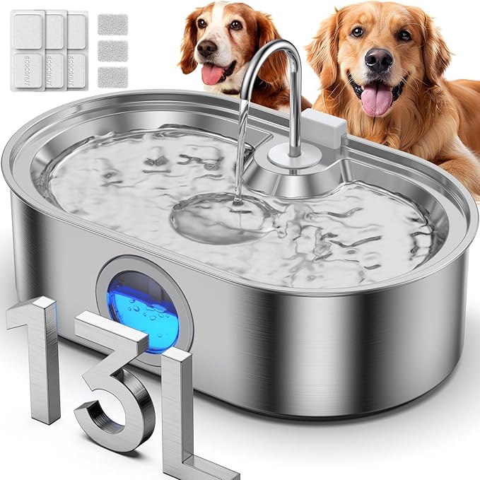 3.4Gal Dog Water Fountain for Large Dogs, 13L Stainless Steel Large Pet Fountain with Deeper & Wider Drinking Area, Automatic Dog Water Bowl Dispenser with Water Window (with 3 Filters)