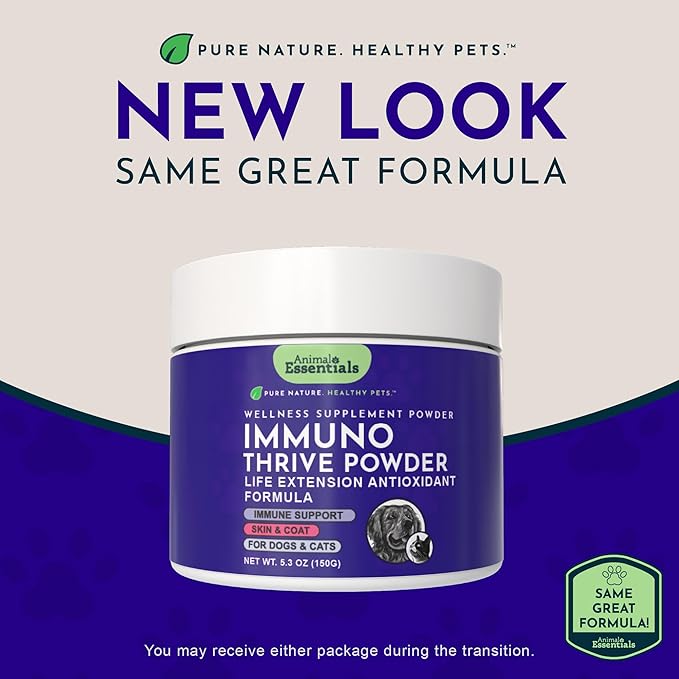 Animal Essentials Immuno-Thrive Wellness Powder for Dogs & Cats - All Natural Immune Support for Pets, Mushroom Blend, Promotes Healthy Skin & Coat, Life Extension Antioxidant Formula - 5.3 oz