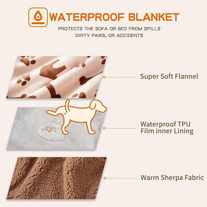 Waterproof Dog Blankets Pet Blanket 50"x60", Soft Fluffy Sofa Car Bed Protector, Reversible Sherpa Fleece Dog Blanket for for Small Medium Large Dogs Cats (Beige-House)