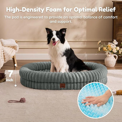 ChiXnuggle XL Dog Bed - Luxury Striped Faux Fur Waterproof Pet Couch with Removable Washable Cover, Orthopedic Dog Bed with Bolster Sides for Sleeping, Grey