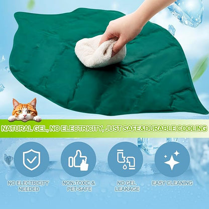 Drydiet Self Cooling Mat for Cats - Large Leaf Shaped - 27 x 18.5 Inch Summer Pet Cool Mats for Cats and Puppies, Reversible Sleeping Blanket Pad for Cage Accessories and Safety Fences, Light Green