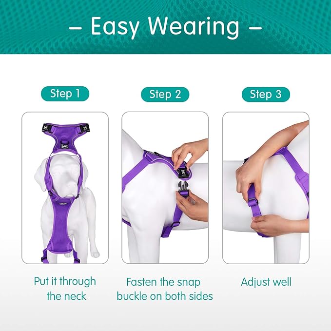 PoyPet Reflective Soft Breathable Mesh Dog Harness No Choke Double Padded Vest Adjustable(Purple,XL)