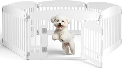24" Plastic Dog Playpen 6-Panel Durable Pet Playpen for Puppies & Small/Medium Dogs, Portable & Foldable Pet Fence with Secure Locking Door, White