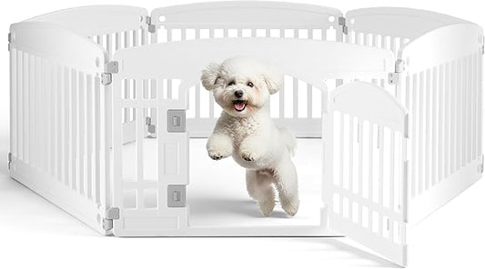 24" Plastic Dog Playpen 6-Panel Durable Pet Playpen for Puppies & Small/Medium Dogs, Portable & Foldable Pet Fence with Secure Locking Door, White