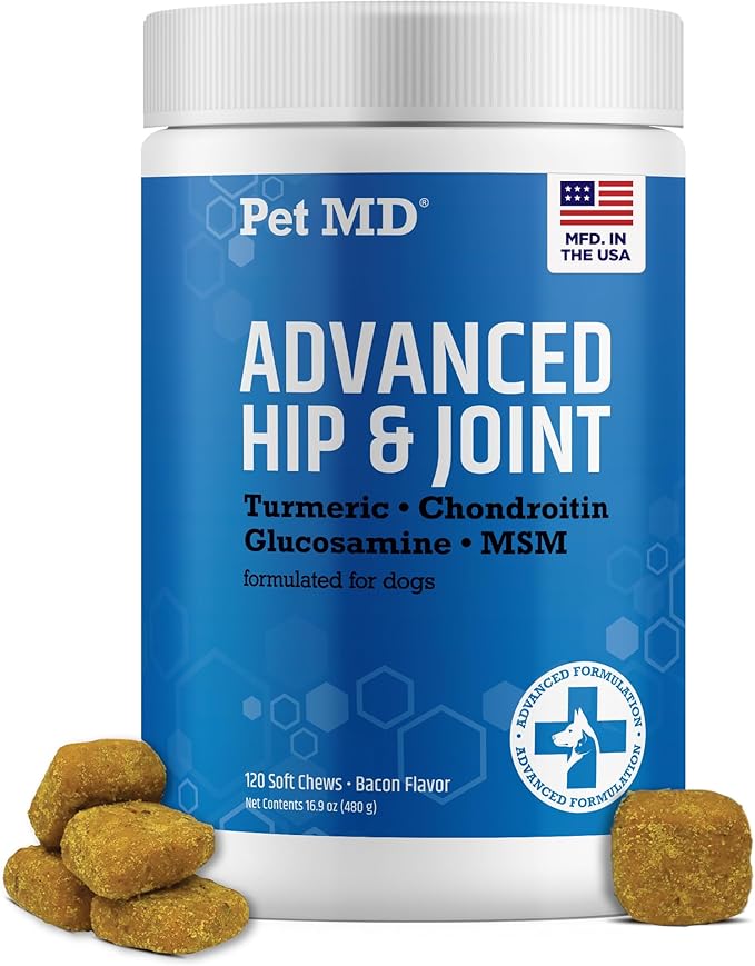 Pet MD Glucosamine for Dogs | Dog Joint Supplement with Glucosamine, Chondroitin & MSM - Inflammatory Pain Relief Chews for Hip & Joints - Bacon Flavored - Includes Yucca & Turmeric - 120 Ct