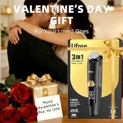 Ufree 3-in-1 Beard Trimmer for Men, Valentine Gifts for Men, IPX6 Waterproof Men's Electric Razor Shaver for Mustache, Professional Hair Trimmer Clippers, Type-C Body Grooming Kit