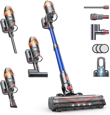 Cordless Vacuum Cleaner, 650W with Extra Mattress Cleaning Tool, 55KPA Stick Vacuum Cleaners for Home 70 Mins Runtime, Self-Standing, Wall Mount Charging, Rechargeable Vacuum for Floor Carpet Pet Hair