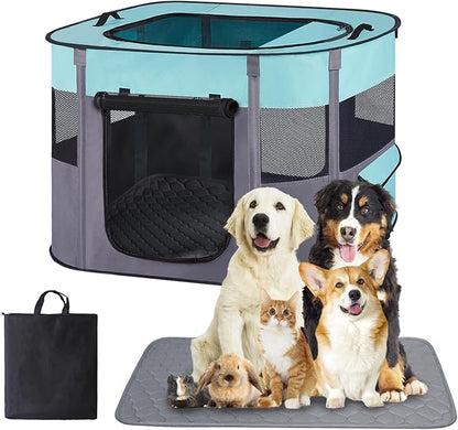 Pet Dog Cat Playpen with Waterproof Pad,Portable Puppy Kitten Rabbit Crate and Other Small Animals Kennel Cage Tent for Indoor Outdoor Travel Camping,Water-Resistant Breathable Shade Cover (Green S)