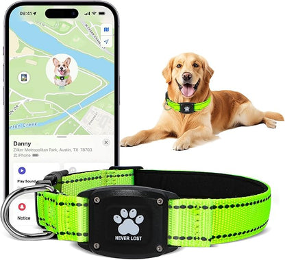 GPS Dog Collar Tracker 2-in-1,Reflective Waterproof Pet Collar,iOS-Only,No Monthly Fees,Unlimited Range,Ideal for Dog Tracking pet Tracker,for Small Medium Large Dogs(XS (10.6"-13.6"), Green)