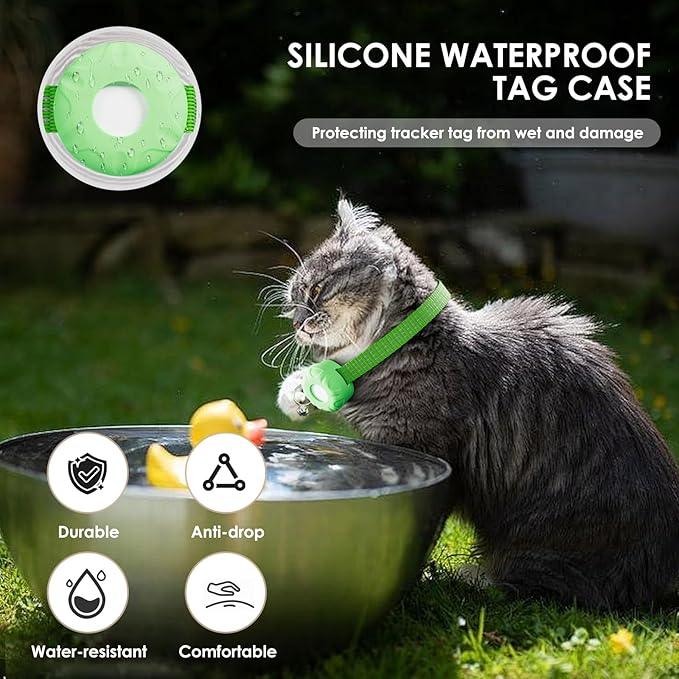 Cat GPS Tracker, Smart Cat Tracker Compatible with Apple Find My App (Only iOS), No Monthly Fee, Waterproof, Breakaway Collar Included (White Tracker, Green Cat Collar)