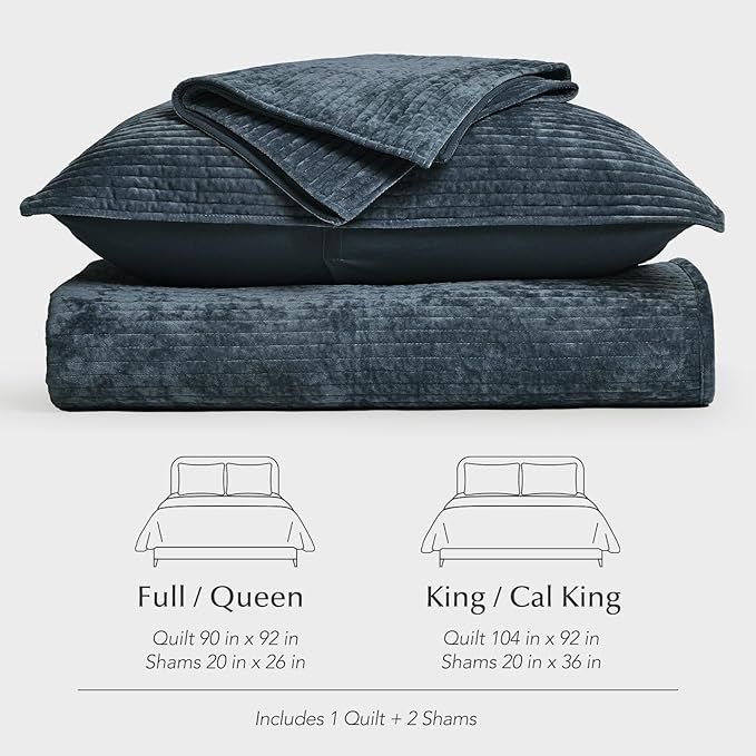 EVERGRACE Velvet Quilt Set King Size, Luxurious Soft Quilted Bedding Sets, Lightweight Velvet Comforter for All Season, Striped Channel Bedspread Coverlet with 2 Shams, Midnight Blue