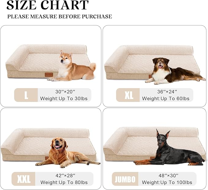 Orthopedic Dog Bed Large Sized Dog 36''X24'', Waterproof L Bolster Egg Crate Foam Pet Crate Beds with Washable Removable Cover, Non-Slip Soft Pet Couch Sleep Mat, Ivory