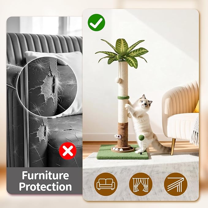 Tall Cat Scratching Post Vertical Pole for Indoor, 35" Palm Tree Sisal Scratch Post for Large Adult Cats Kittens, Heavy Duty Wooden Carpet Pole with Ball Track Leaves, Furniture Protection