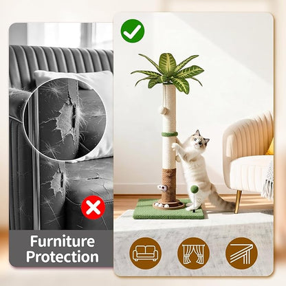 Tall Cat Scratching Post Vertical Pole for Indoor, 35" Palm Tree Sisal Scratch Post for Large Adult Cats Kittens, Heavy Duty Wooden Carpet Pole with Ball Track Leaves, Furniture Protection